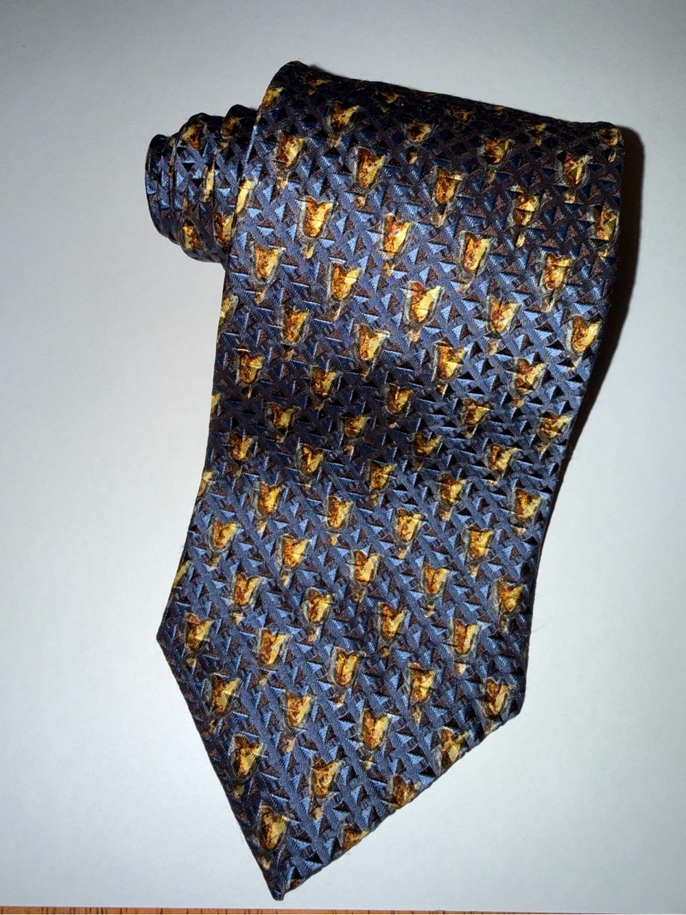 Ermenegildo Zegna Navy Blue and Gold Silk Patterned Tie